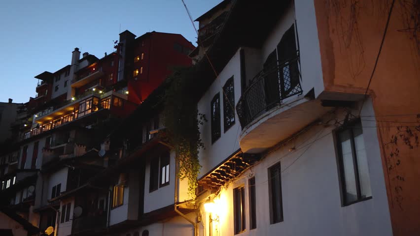 Buildings on General Gurko Street, Old Town of Veliko Tarnovo city in North Bulgaria, 4k video