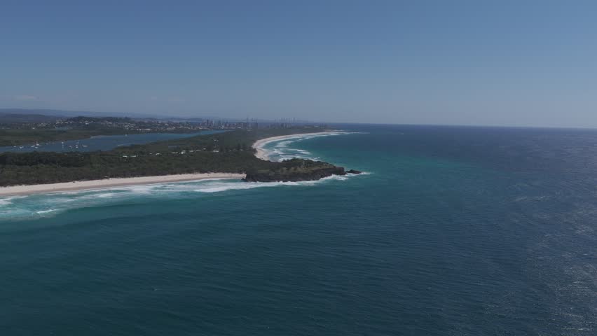 Fingal Head Coastline And Headland With Tweed River In New South Wales, Australia. wide aerial shot