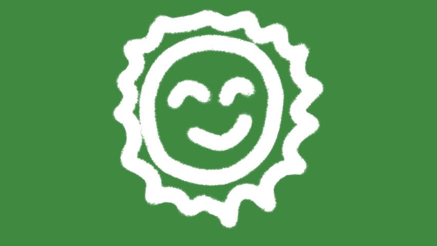 White solar energy happy sun cartoon graphic with chalk outline smiling sun icon isolated on green screen background for eco-friendly renewable power and clean energy element concept.
