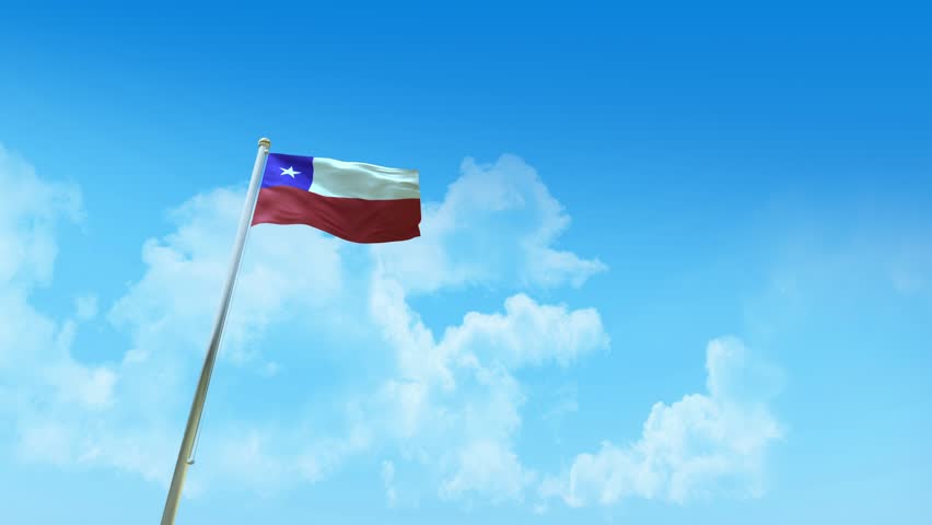 Chile Flag on Pole, Blue Sky and Clouds - Low Angle View