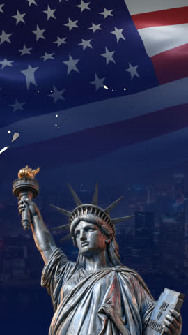 Happy 4th of July Greeting Animation with Waving American Flag, Statue of Liberty and Fireworks, for holiday promotions, social media, event announcements, presentations, broadcasts, celebration