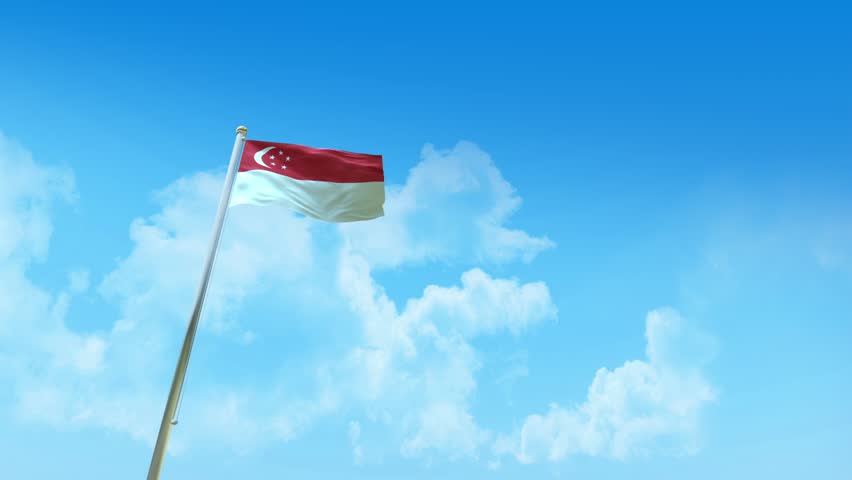 Singapore Flag on Pole, Blue Sky and Clouds - Low Angle View