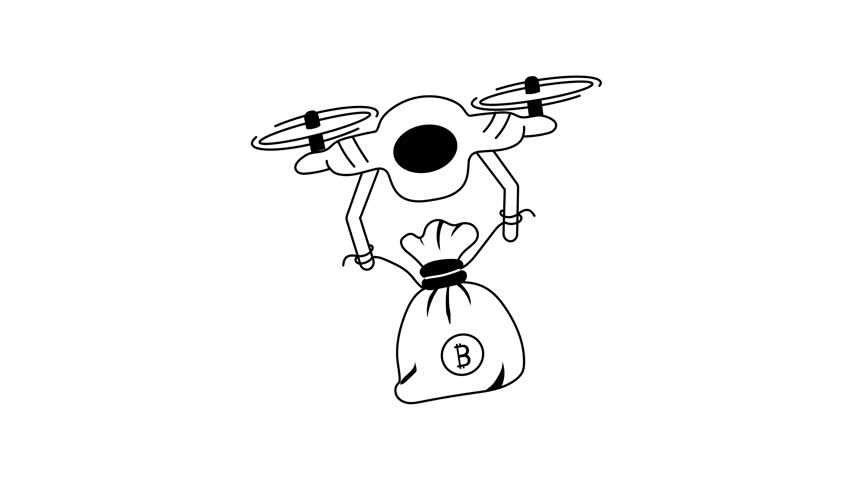 An amazing icon animation of a drone carrying a money bag with a Bitcoin symbol