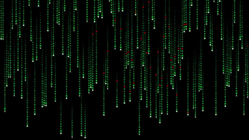 High-tech motion graphic of binary code strings falling vertically. Features glowing green, white, and red digits cascading against a deep black background.