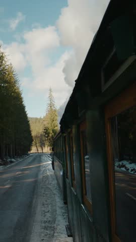 Vertical Screen: Mocanita steam train moves along a snowy road in a winter forest. Trees are covered in snow, creating a beautiful landscape. The historic train travels smoothly.