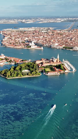 Aerial drone view of the Venice Lagoon with San Giorgio Maggiore island and St. Mark