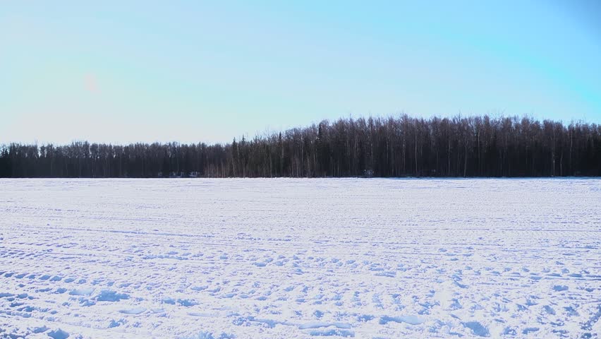 Musher and dog sled team running across the frozen lake in Alaska
