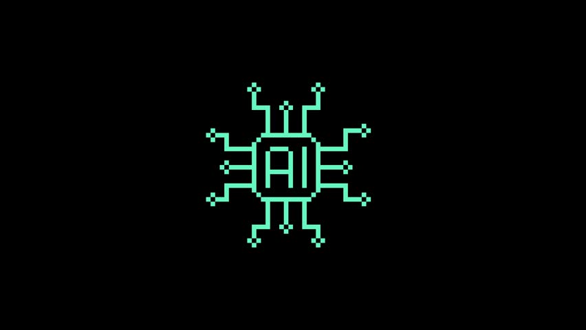 Retro pixel art artificial intelligence chip animation in seamless loop. Futuristic technology and machine learning concept isolated on black background. Perfect for AI presentations, technology content, software projects, data science, automation and digital innovation themes.