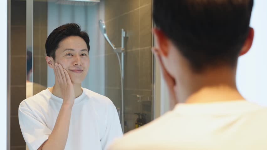 A middle-aged man checks his skin in the mirror.