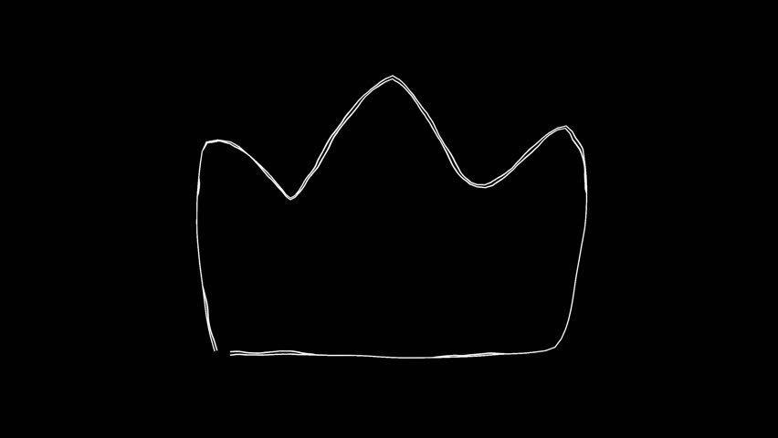 A loosely drawn line art illustration of a crown. A hand-drawn icon video with moving lines. A looping 4K animation. A decorative stamp of a drawing drawn freehand with a white pen on a black background.