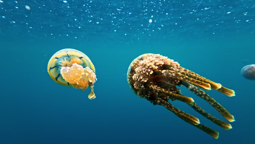 Two stingless golden jellyfish swim gracefully through the clear, brackish waters of Sohoton Cove Jellyfish Sanctuary.