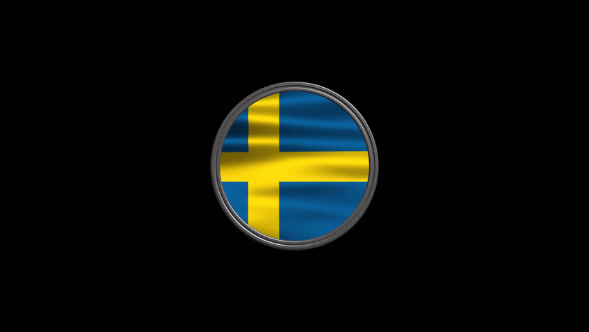 Waving Sweden flag inside rotating silver ring. Round country badge seamless loop