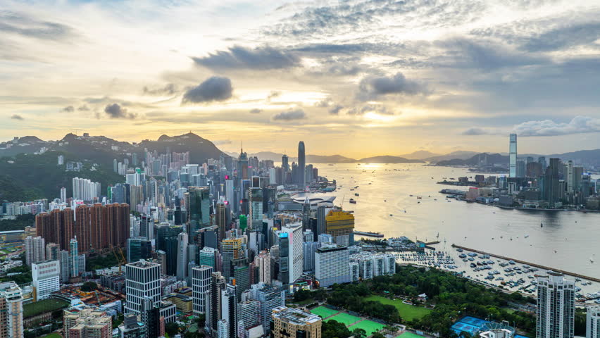 Scenic of Hong Kong city and traffic at sunset.