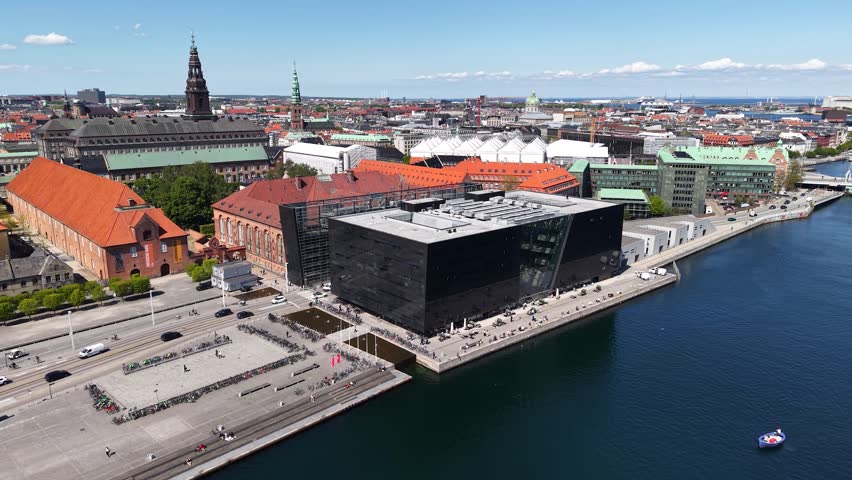 Aerial view of Black Diamond Royal Library in Copenhagen, Denmark