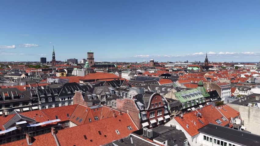 Aerial view of in Copenhagen cityscape with historic red rooftops, Denmark