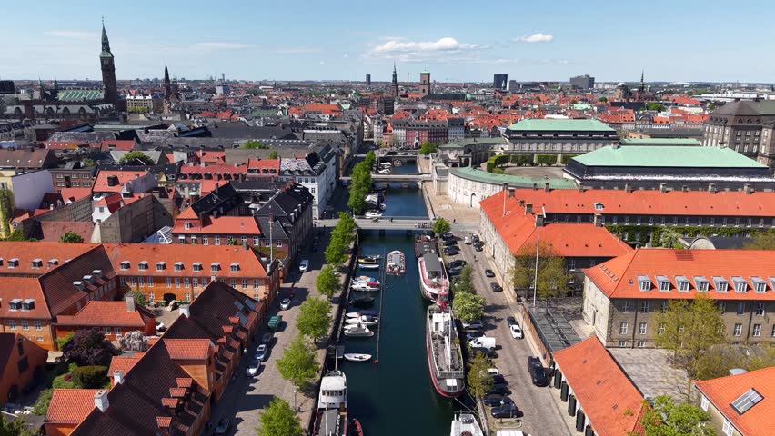 Flight over canal in in Copenhagen city center, Denmark