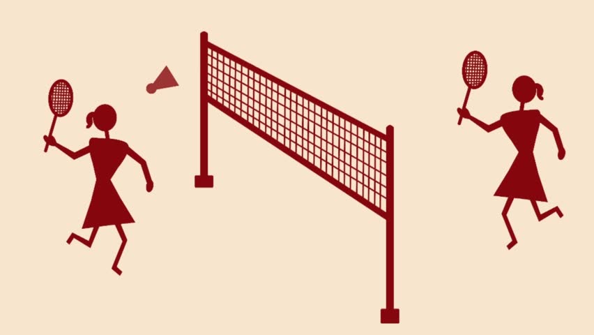 Animated Warli style two girls playing badminton with rackets, shuttlecock and net, depicts sportsmanship, fitness, teamwork, and active lifestyle