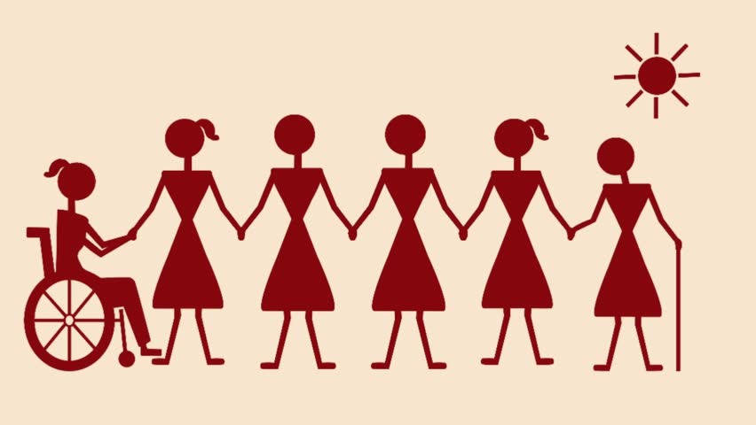 Animated Warli style Education for all, girls holding hands including a girl using a wheelchair and walking stick. 