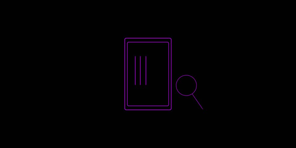 A minimalist tech animation featuring a purple line art tablet being scanned or searched by a moving magnifying glass icon.