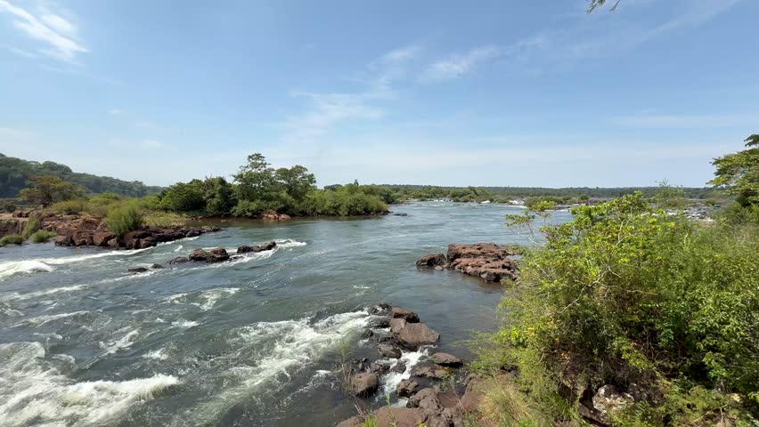 Panoramic view of river rapids feeding Iguazu Falls in Argentina, Tropical forest landscape with flowing water, rocky shoreline and expansive natural scenery of Iguassu National Park