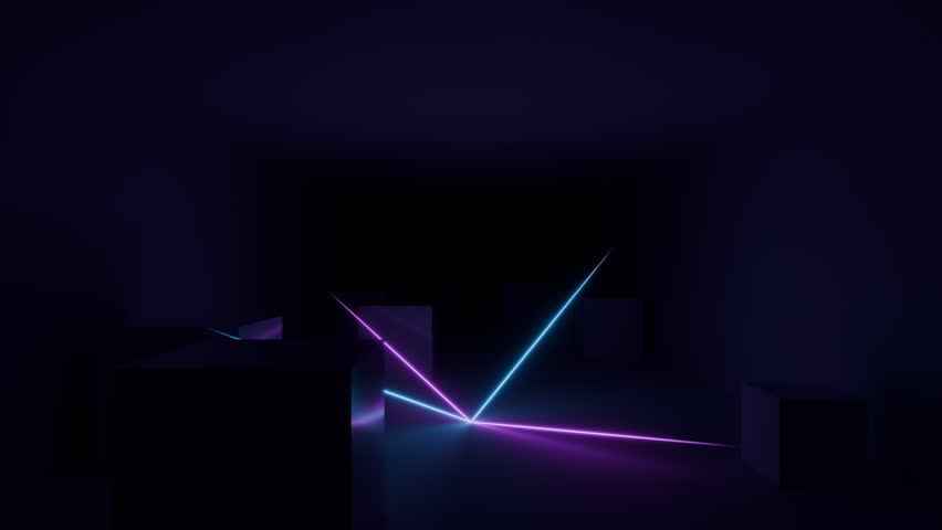 Abstract seamless looped animation of neon light line running loop triangle, lasers and lines bouncing around and moving forward within a dark tunnel. 4K footage video loop. Empty space. 3d animation