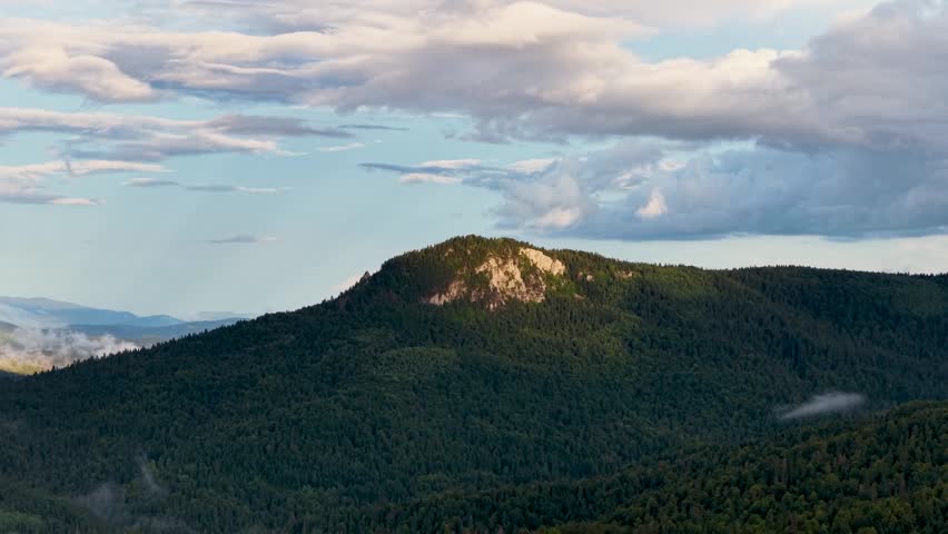 Chimney Tops peaks in Great Smoky Mountains in summer season. Mountain wooded hills in Tennessee Appalachians, USA.