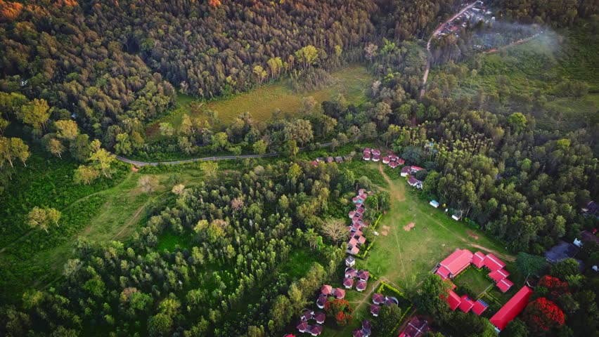 Aerial landscape of the lush green BR Hills near Bangalore, featuring dense forests, rolling hills, and serene water bodies.