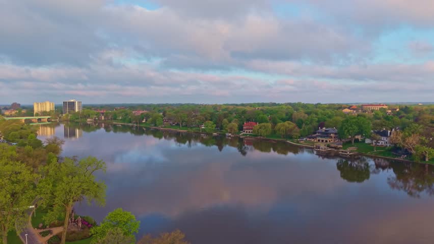 Scenic aerial morning view of Rockford Illinois with the Rock River flowing through the city