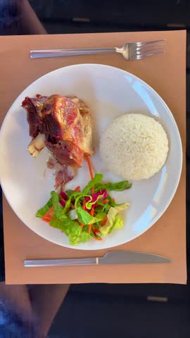 Premium Roasted Goat Meat Served with Rice and Fresh Salad on Elegant Dining Table | Vertical Food Video 4K