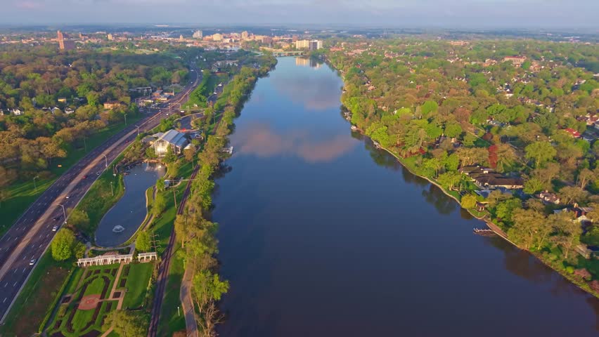 Scenic aerial morning view of Rockford Illinois with the Rock River flowing through the city
