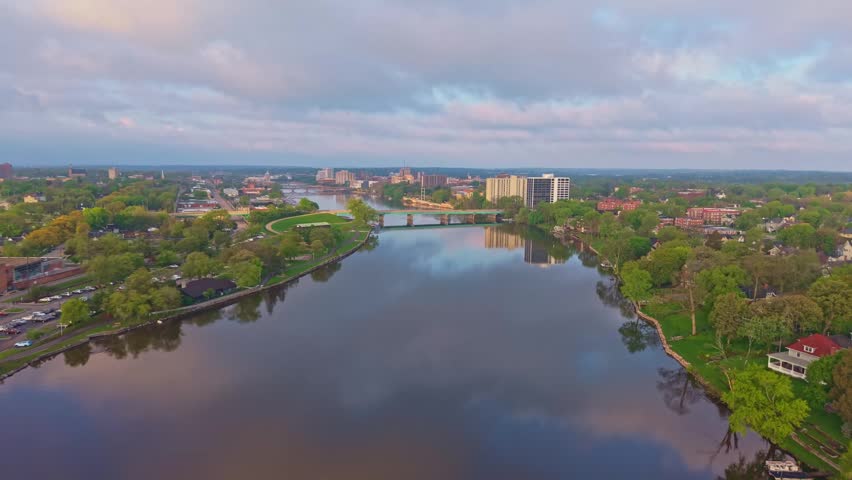 Scenic aerial morning view of Rockford Illinois with the Rock River flowing through the city
