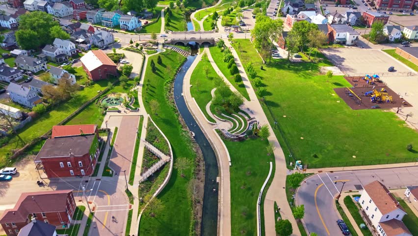 Scenic aerial view of the Bee Branch Creek Greenway in Dubuque Iowa