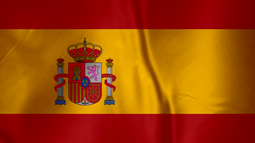 Waving Spanish Flag with Coat of Arms Detailed Emblem and Textured Fabric Background National Symbol of Spain