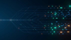Abstract data flow branching lines on dark blue background with glowing cyan, green, and orange data particles. Technology concept for AI pipeline, bigdata streaming, neural network, and digital - Powered by Shutterstock - Get 15% off with code: PIKWIZARD15