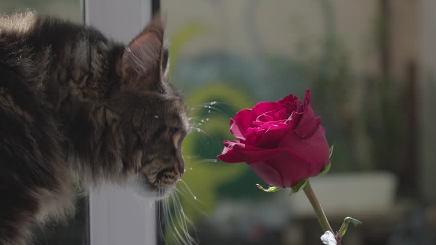 Portrait of a marbled Maine Coon with a red rose