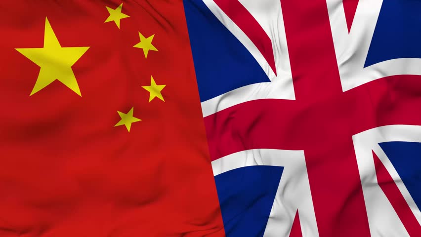 China v United Kingdom National Flag Flying in Wind with Detailed Fabric Texture and Vibrant Colors. 4K