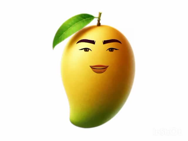 A playful animated mango character with a human-like face, expressive eyes, eyebrows, and lips. The ripe yellow-green mango is shown on a clean white background, creating a fun and humorous cartoon-style fruit illustration suitable for social media content, stickers, emojis, children