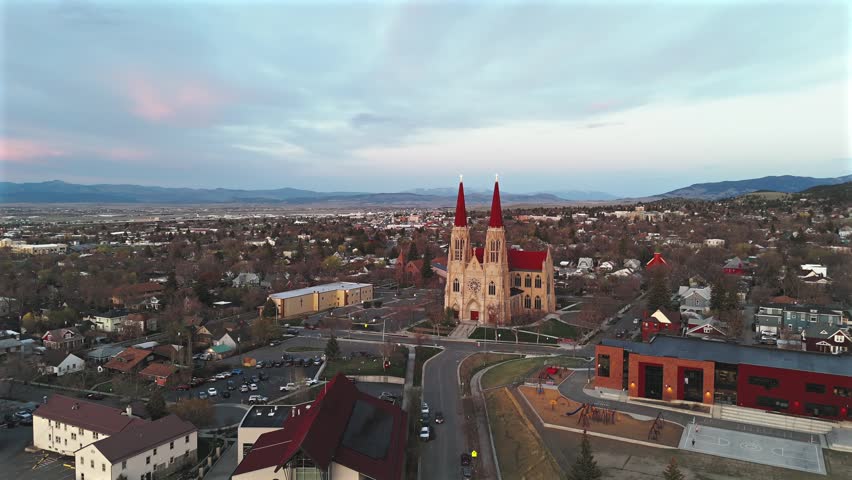 Cathedral Of Saint Helena Aerial View At Sunset In Montana