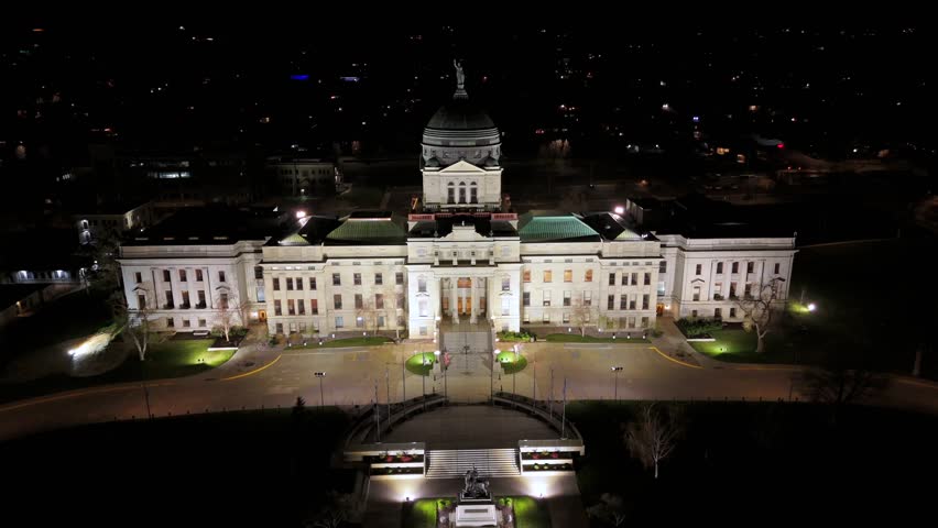 Montana State Capitol Night Drone Pullback In Helena