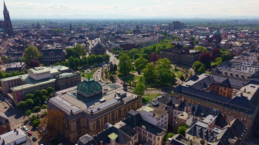 National Theater building and circular garden in Place de la Republique in Neustadt district in Strasbourg, France