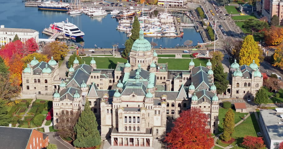 Aerial view of BC Legislative Parliament Building near harbor in Victoria, British Columbia, Canada
