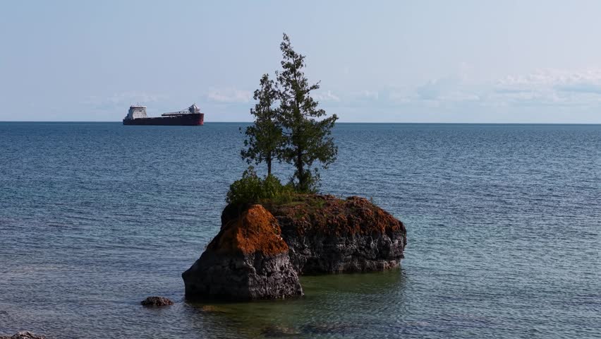 Aerial view of a small island with a tree in Hessel, Michigan near Lake Huron, showcasing wilderness and nature.