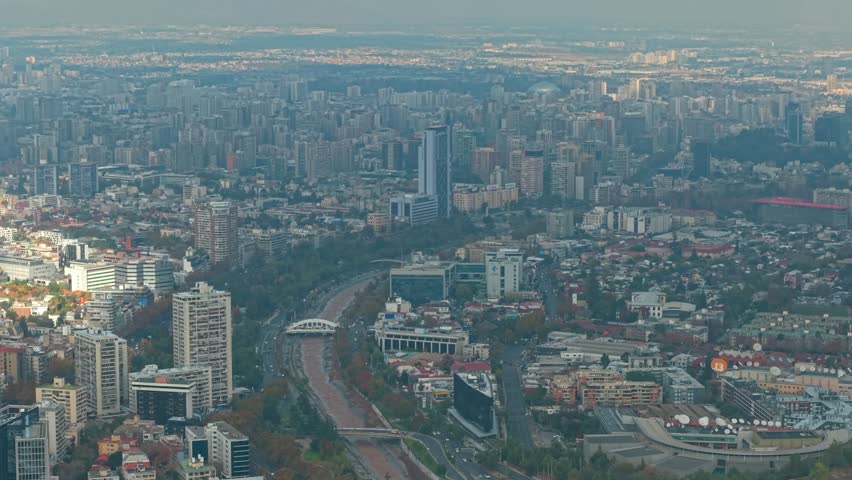 Aerial Fly Above Santiago Cityscape and Urban District Chile Capital Town and Skyline