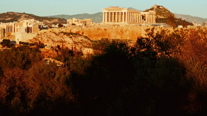 Wide view of the Acropolis and Parthenon at golden hour, Athens, Greece
