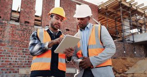 Civil engineer, scroll and men with tablet at construction site, architecture and safety inspection. Architect, teamwork and people with tech for property development, discussion and project on web - Powered by Shutterstock - Get 15% off with code: PIKWIZARD15