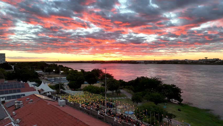 Sunset Juazeiro Skyline In Juazeiro In Bahia Brazil. Sao Francisco River Scene. Sunset River. Downtown District. Juazeiro Skyline In Bahia Brazil. Riverfront Restaurants. Brazil Northeast.