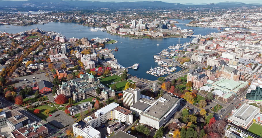 Aerial view of BC Legislative Parliament Building near harbor in Victoria, British Columbia, Canada