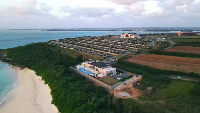 Drone aerial view of a tropical resort hotel