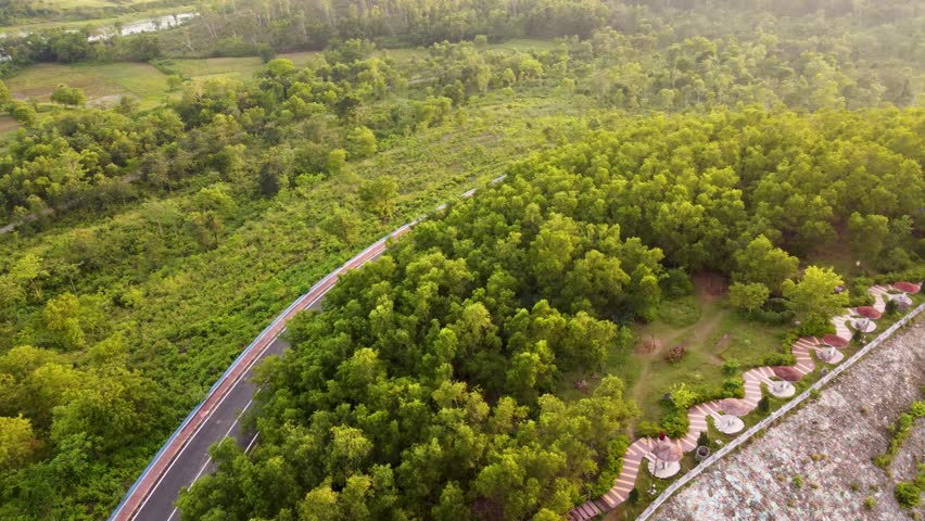 Mukutmanipur Dam Aerial view of lush green forest landscape winding walking path and calm lake at sunrise.