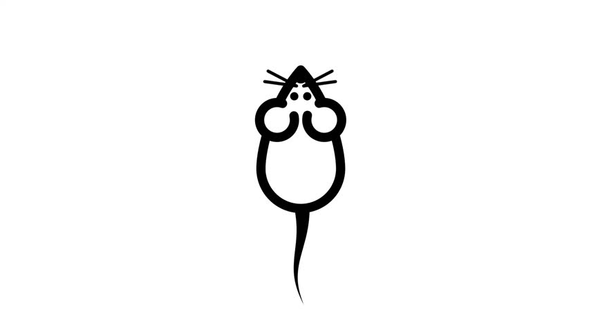A stylized cartoon mouse character with large round ears and a long tail drawn in a minimalist black and white illustration style